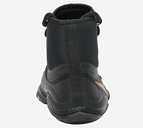 Back view of a black sneaker with mesh design.