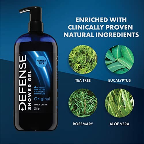 Defense shower gel with natural ingredients: tea tree, eucalyptus, rosemary, aloe vera.