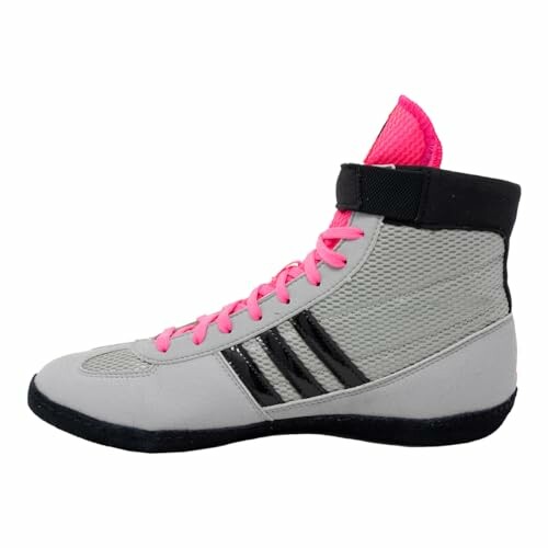 Grey boxing shoe with pink laces and black accents
