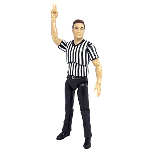 Action figure of a referee with striped shirt and raised arm.