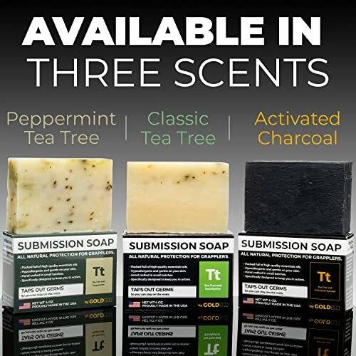Three bars of Submission Soap in peppermint tea tree, classic tea tree, and activated charcoal scents.
