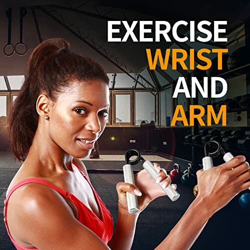 Woman exercising with hand grips in gym.